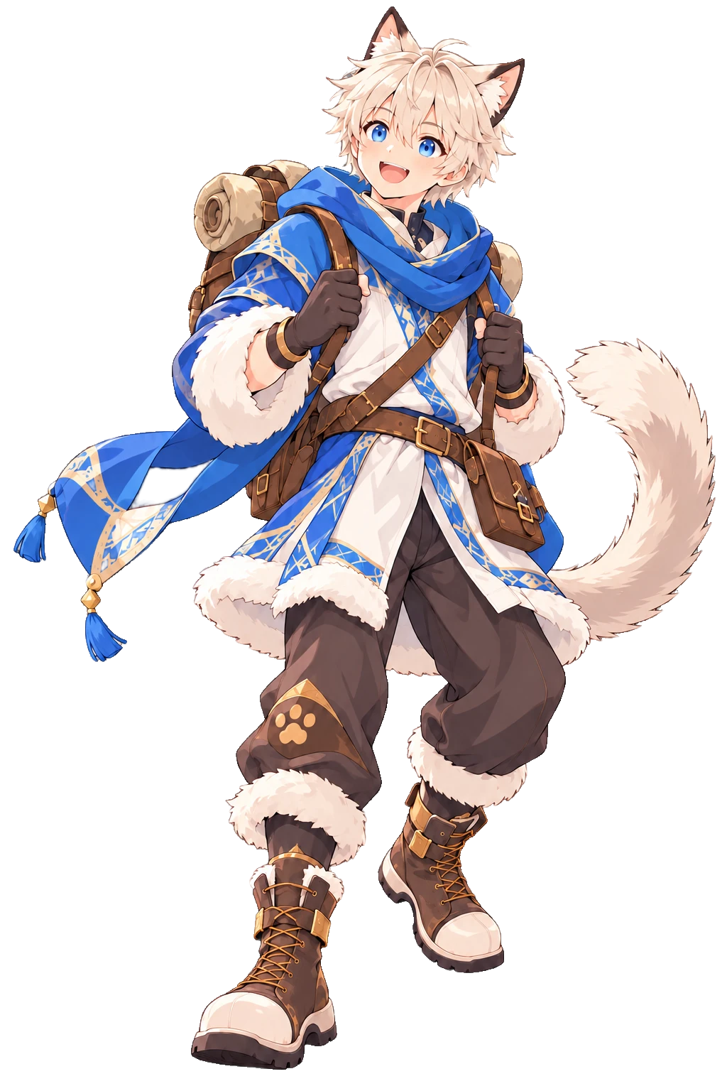 A smiling male Doram adventurer holding his backpack straps