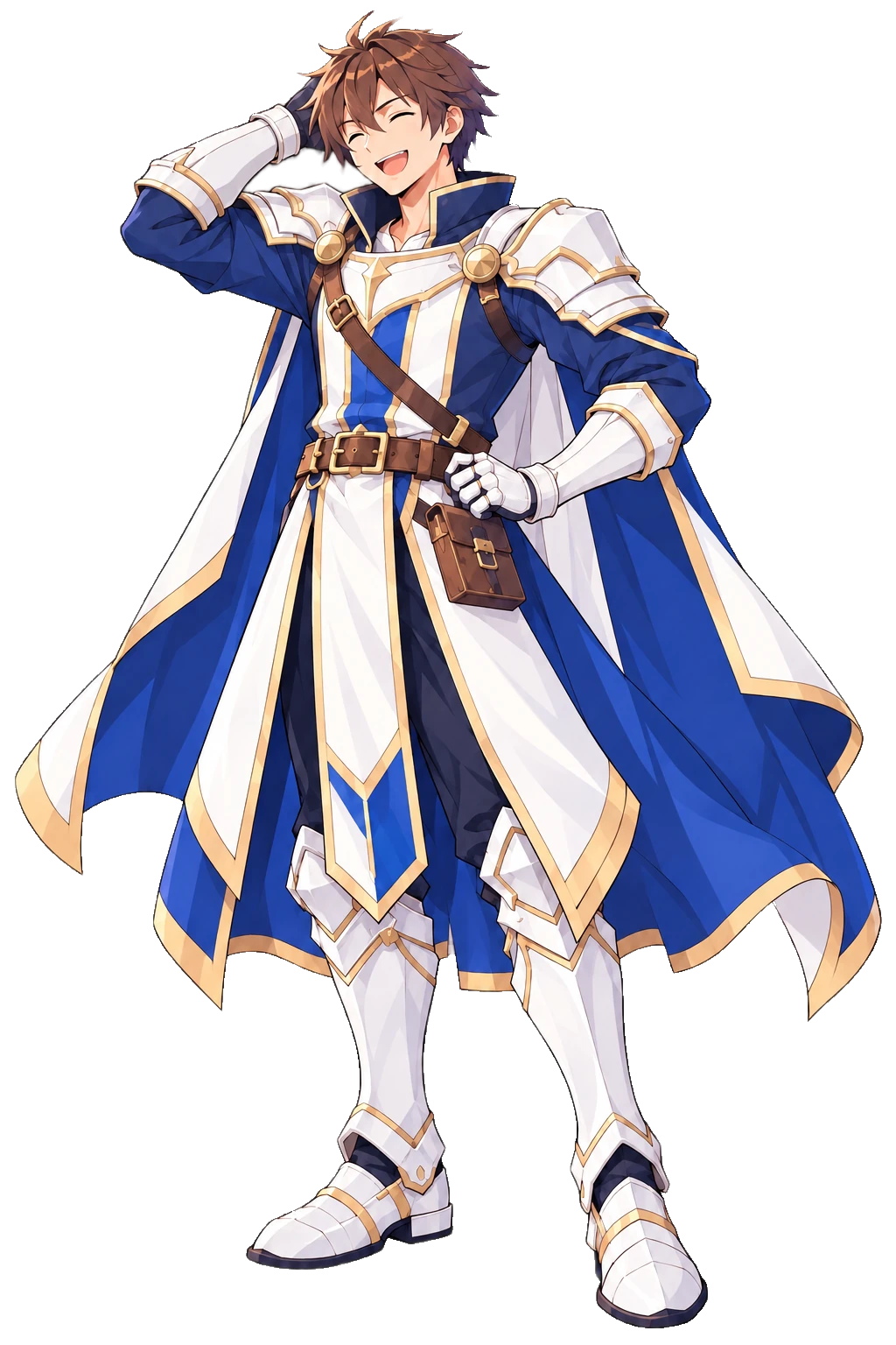A cheerful male knight in ivory and navy armour with a blue cape