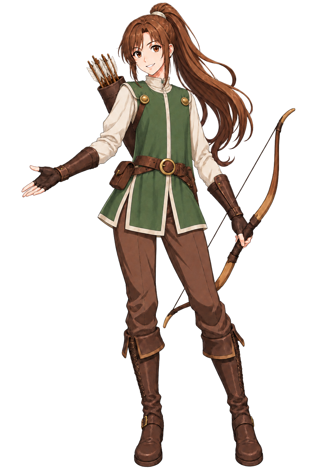 An adult archer in a green tunic and long sleeves