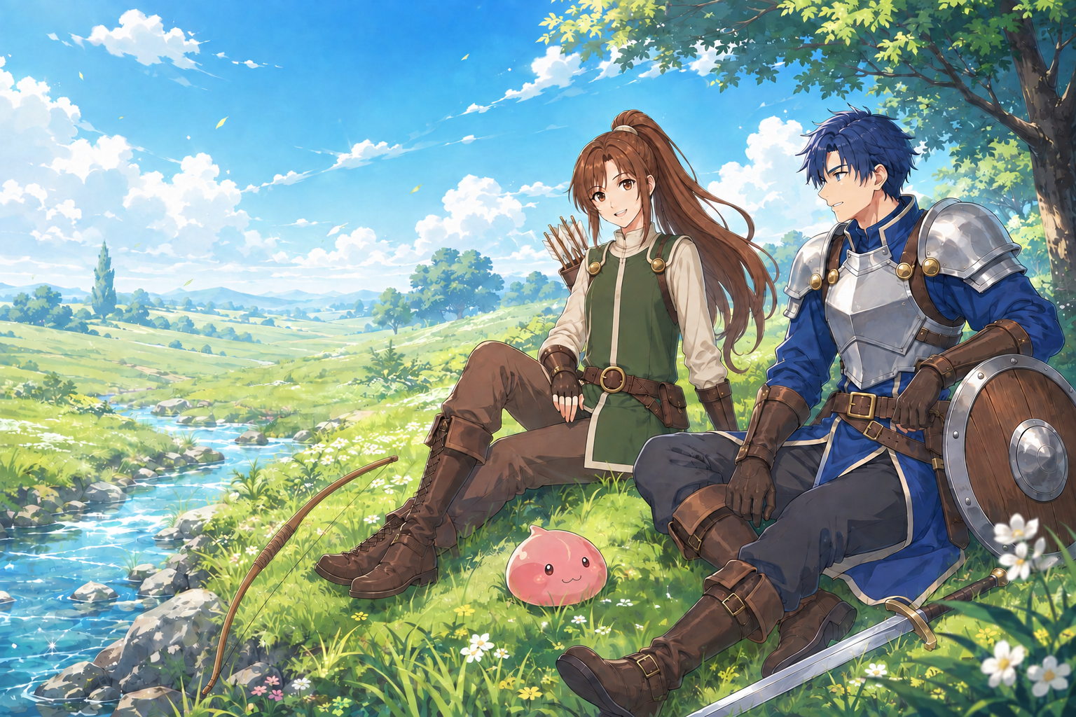 Modestly dressed adventurers beside a meadow stream