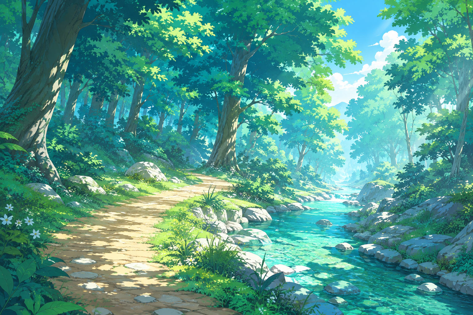 A sunlit forest trail beside a clear stream